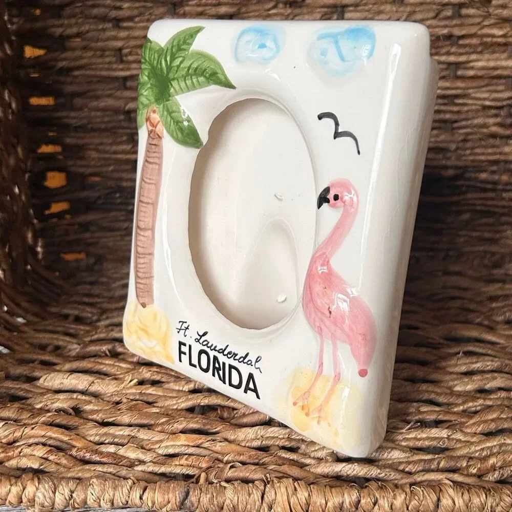Vtg. 80s Ceramic Novelty Picture Frame Ft. Lauderdale Florida Flamingo Palm Tree